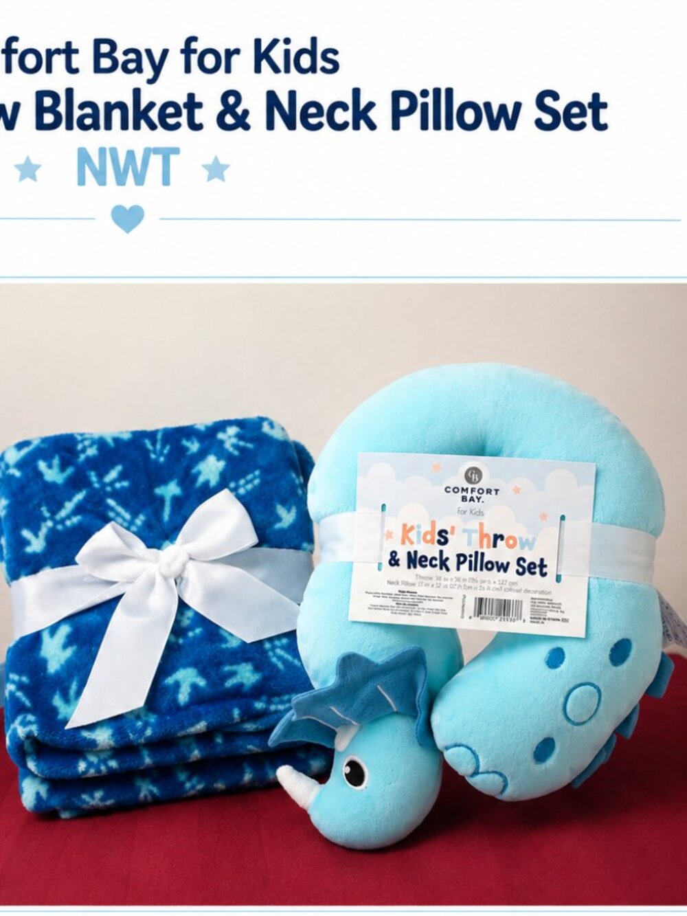Comfort Bay for Kids Dinosaur Throw Blanket & Neck Pillow Set NWT
